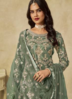Light green net embroidered palazzo suit 4
