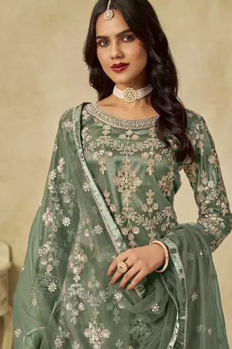 Light green net embroidered palazzo suit