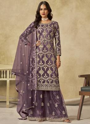 Lavender net embroidered palazzo suit 1
