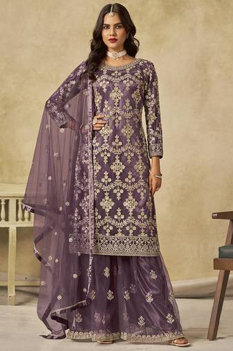 Lavender net embroidered palazzo suit