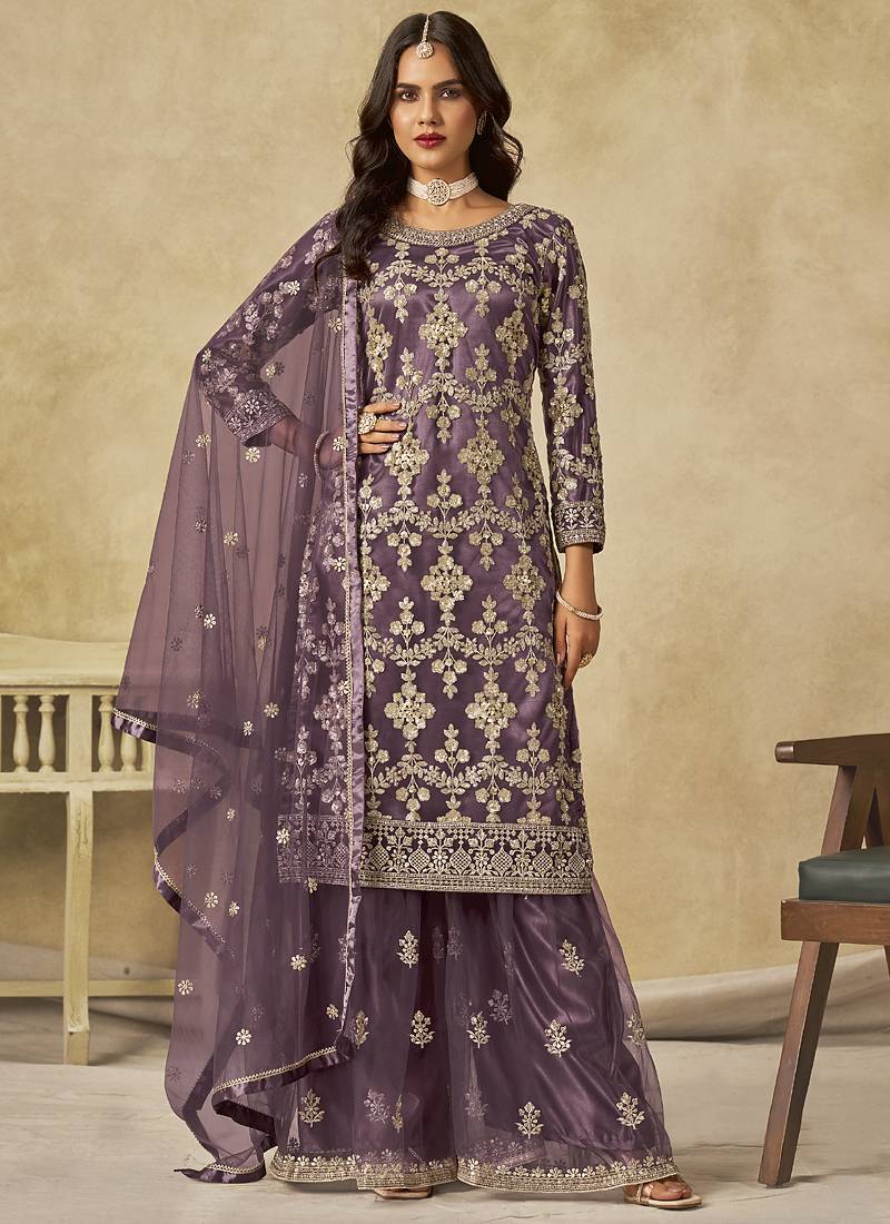 Lavender net embroidered palazzo suit