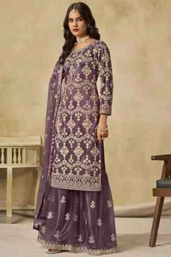 Lavender net embroidered palazzo suit