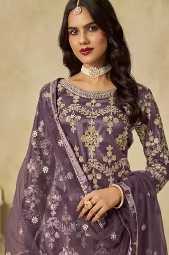 Lavender net embroidered palazzo suit