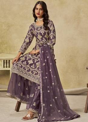 Lavender net embroidered palazzo suit 4