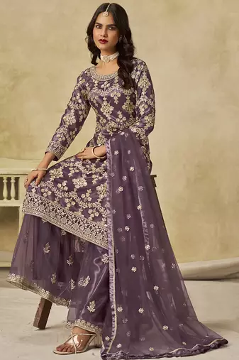 Lavender net embroidered palazzo suit