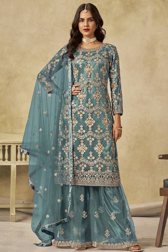 Sky blue net embroidered palazzo suit