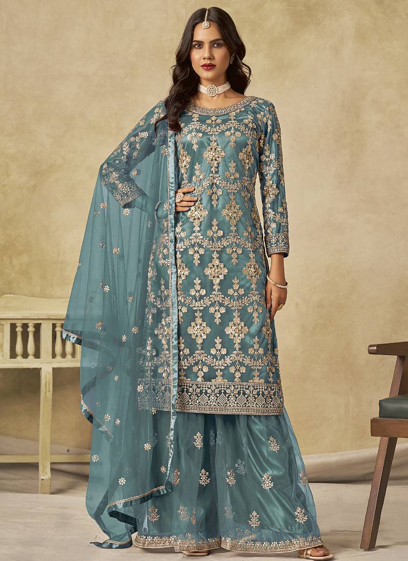 Sky blue net embroidered palazzo suit