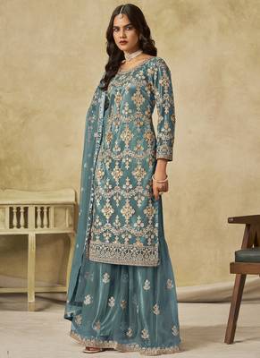 Sky blue net embroidered palazzo suit 2