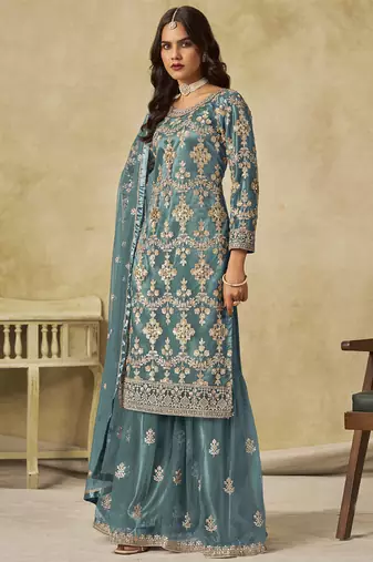 Sky blue net embroidered palazzo suit