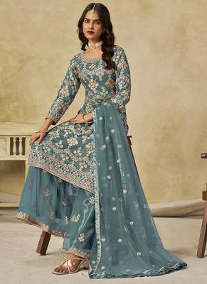 Sky blue net embroidered palazzo suit 3