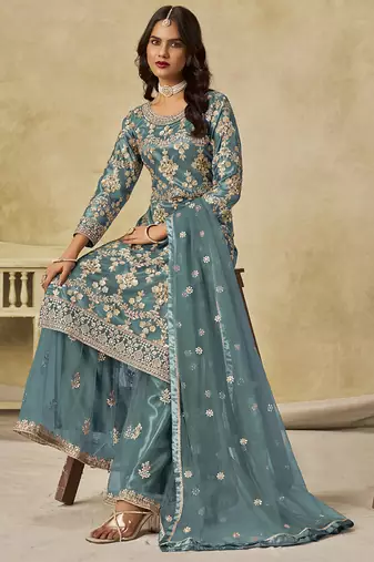 Sky blue net embroidered palazzo suit