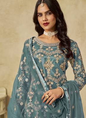 Sky blue net embroidered palazzo suit 4