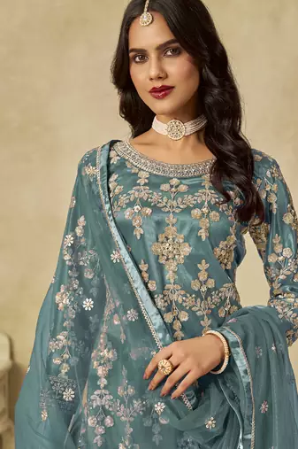 Sky blue net embroidered palazzo suit