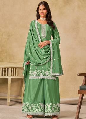 Parrot green chinon silk embroidered designer palazzo suit 1