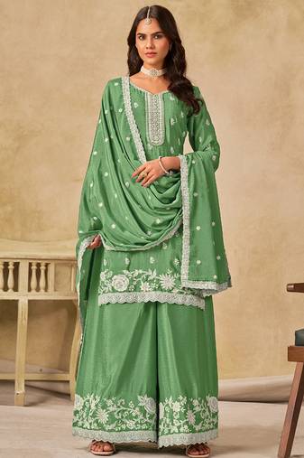 Parrot green chinon silk embroidered designer plazzo suit