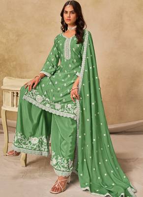 Parrot green chinon silk embroidered designer palazzo suit 2