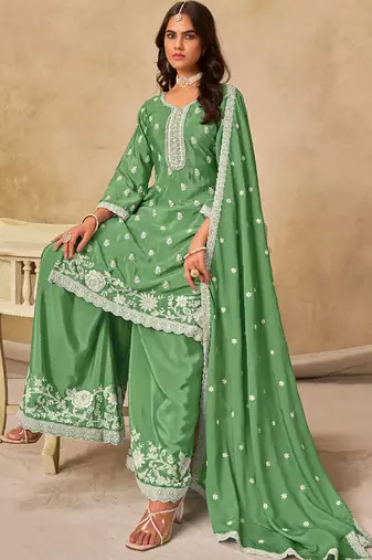 Parrot green chinon silk embroidered designer palazzo suit