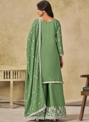 Parrot green chinon silk embroidered designer palazzo suit 4