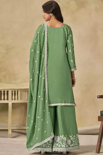 Parrot green chinon silk embroidered designer palazzo suit