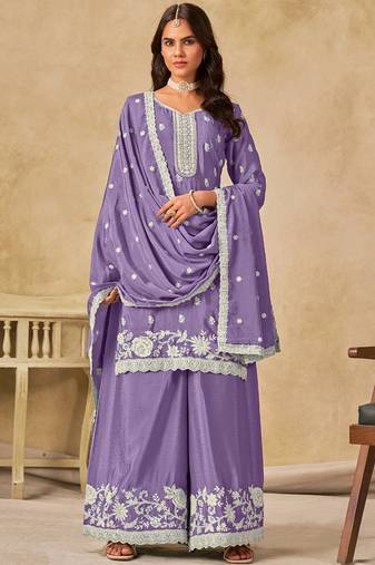 Lavender chinon silk embroidered palazzo suit