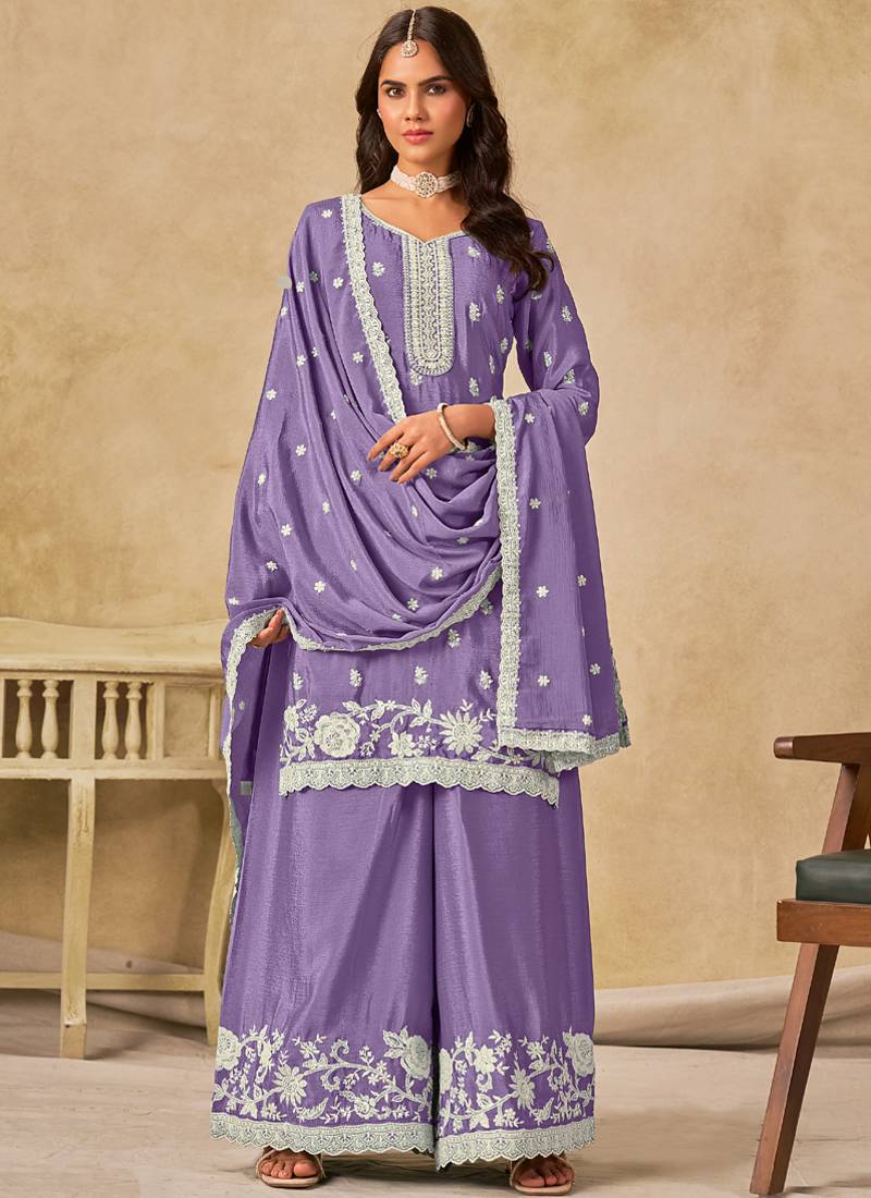 Lavender chinon silk embroidered palazzo suit
