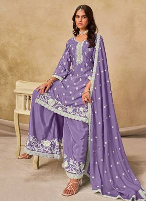 Lavender chinon silk embroidered palazzo suit 2