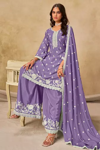 Lavender chinon silk embroidered palazzo suit