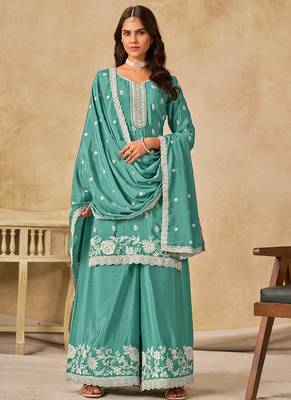 Sea green chinon silk embroidered palazzo suit 1