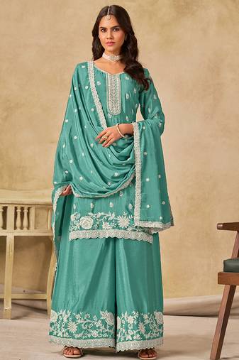 Sea green chinon silk embroidered palazzo suit