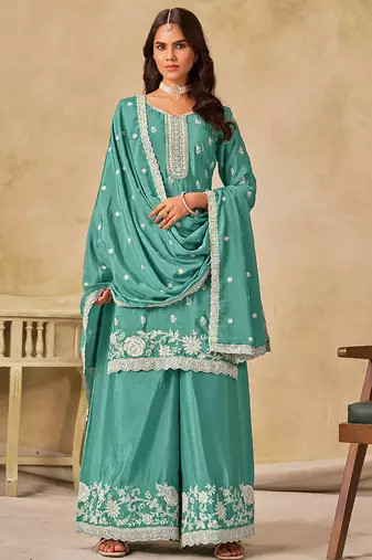 Sea green chinon silk embroidered palazzo suit
