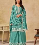 Sea green chinon silk embroidered palazzo suit