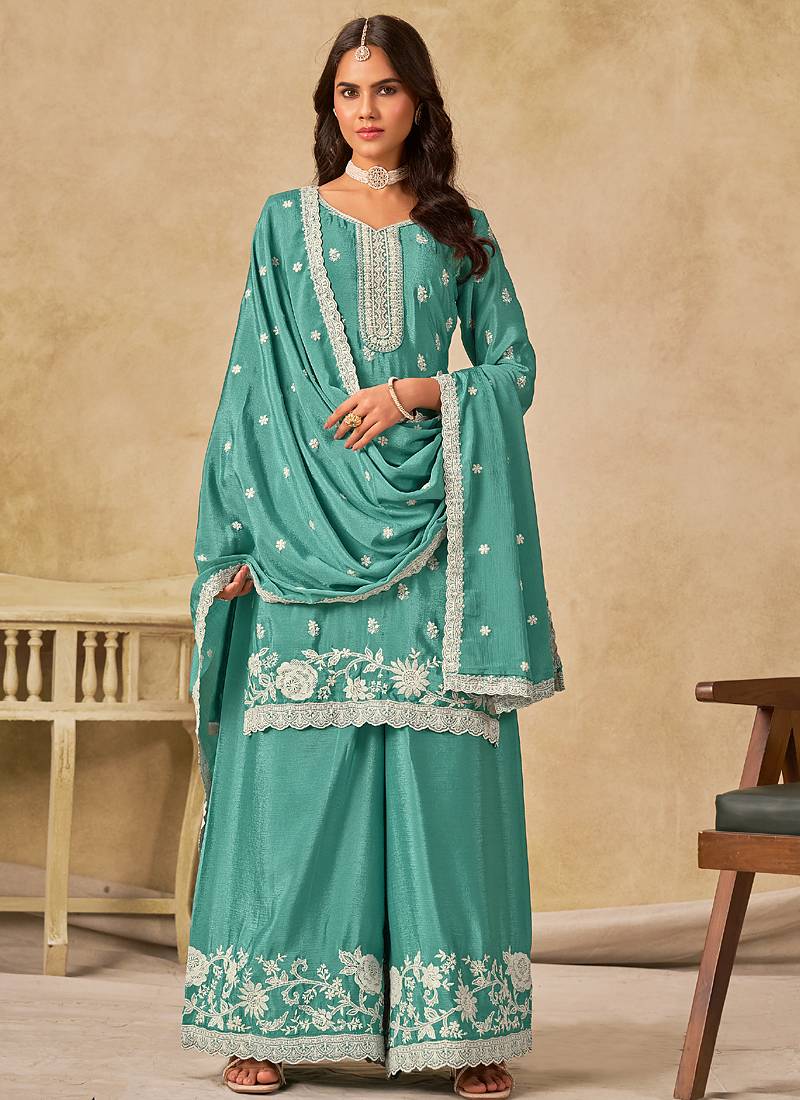 Sea green chinon silk embroidered palazzo suit