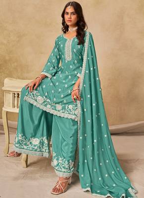 Sea green chinon silk embroidered palazzo suit 2