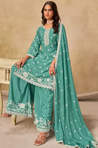 Sea green chinon silk embroidered palazzo suit