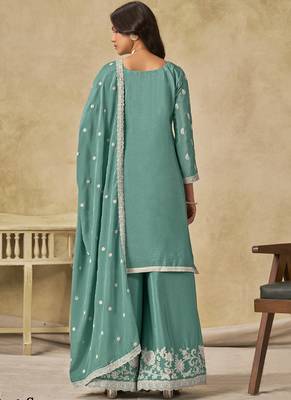 Sea green chinon silk embroidered palazzo suit 3
