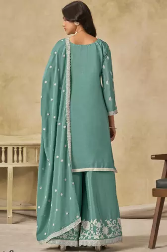 Sea green chinon silk embroidered palazzo suit