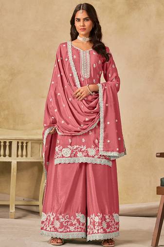 Peach chinon silk embroidered palazzo suit