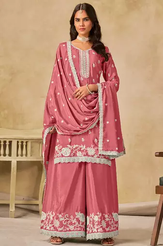 Peach chinon silk embroidered palazzo suit
