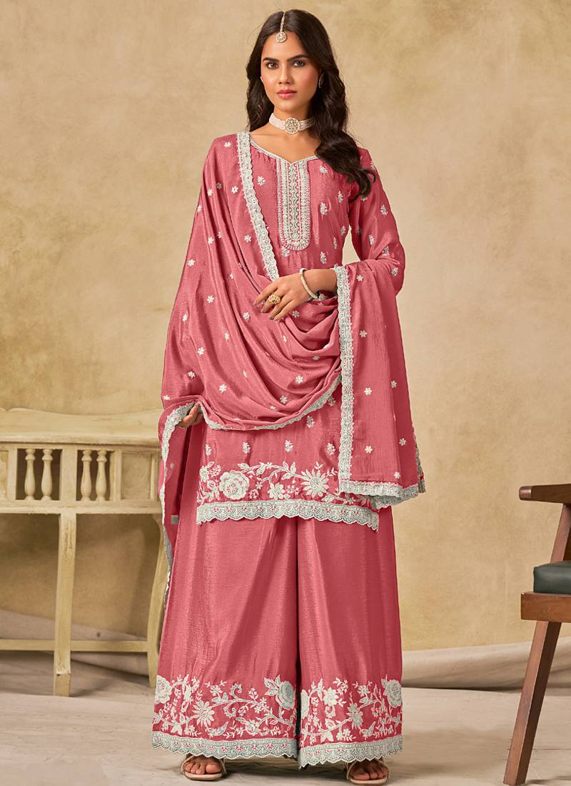 Peach chinon silk embroidered palazzo suit