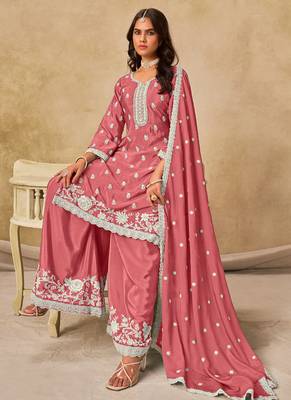 Peach chinon silk embroidered palazzo suit 2