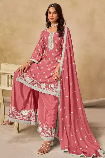 Peach chinon silk embroidered palazzo suit