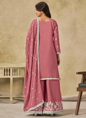 Peach chinon silk embroidered palazzo suit 3