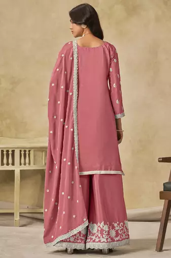 Peach chinon silk embroidered palazzo suit