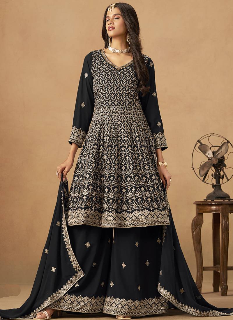 Black georgette embroidered deigner palazzo suit