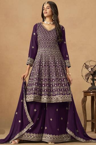 Purple georgette embroidered deigner palazzo suit