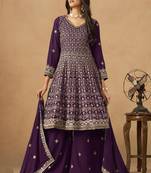 Purple georgette embroidered deigner palazzo suit