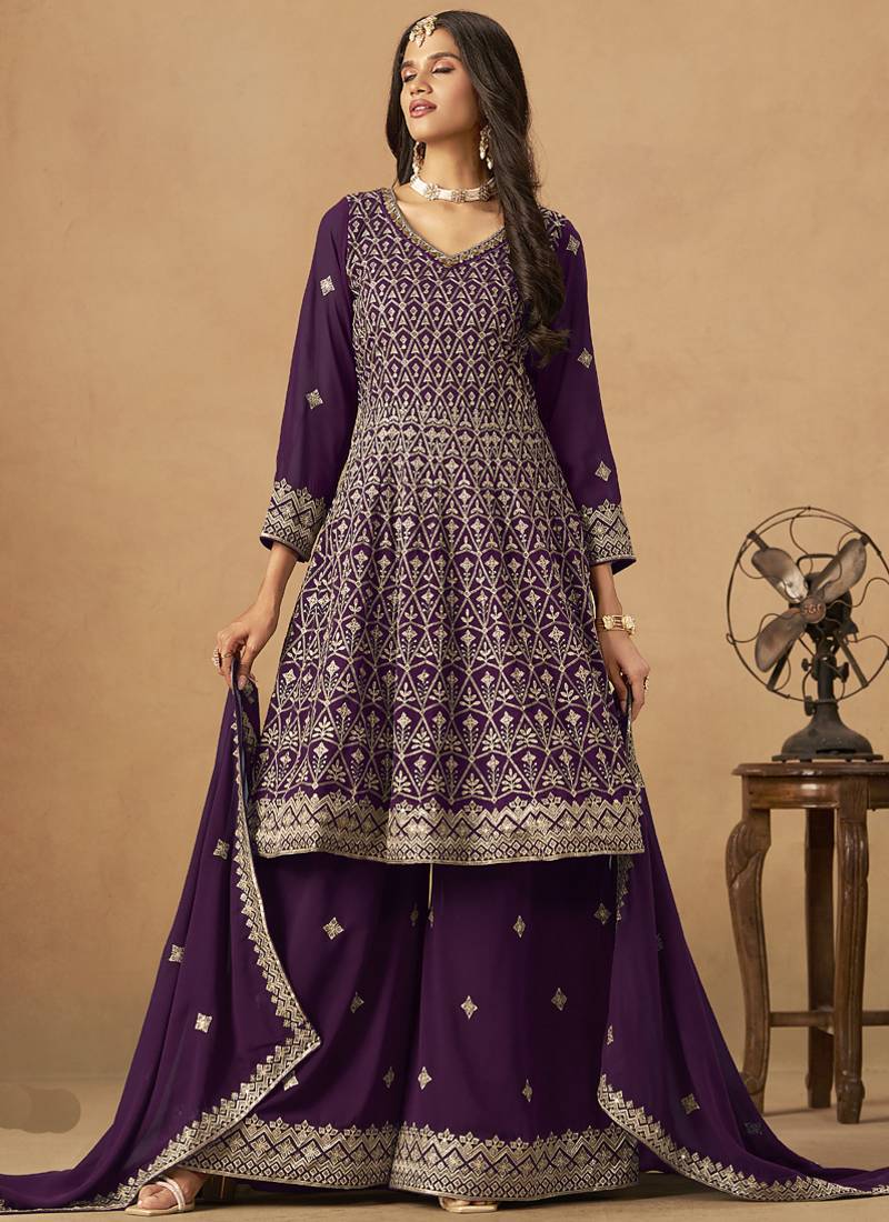 Purple georgette embroidered deigner palazzo suit