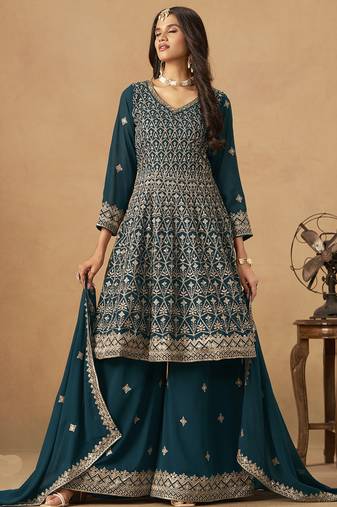 Aqua blue georgette embroidered deigner palazzo suit