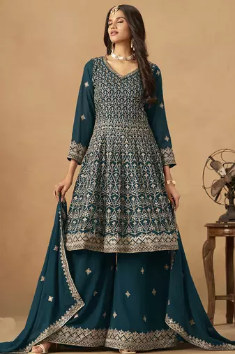 Aqua blue georgette embroidered deigner palazzo suit
