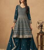 Aqua blue georgette embroidered deigner palazzo suit